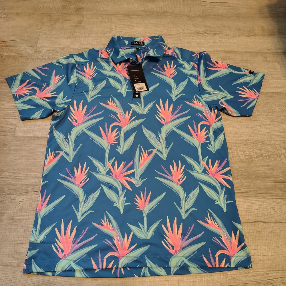 Bad Birdie Paradisio Golf Polo Men Large Blue Floral Bird of Paradise BBP001-174